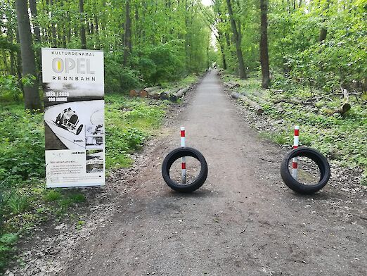 Waldweg zur Opel-Rennbahn. Links ein Plakat, dass auf 100 Jahre Opel-Rennbahn hinweißt.