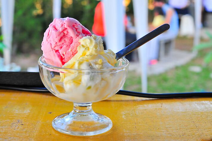 Ein Eisbecher mit gemischtem Eis.