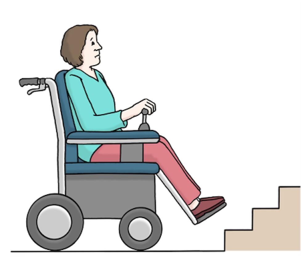 Eine Roll-Stuhl-Fahrerin muss stehen bleiben. Vor ihr sind Treppen-Stufen. Mit dem Roll-Stuhl kann sie nicht auf die Stufen fahren.