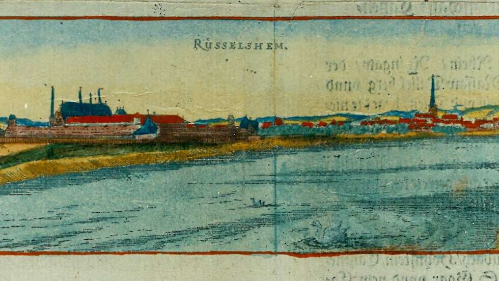 Früheste Ansicht der Festung Rüsselsheim, Wilhelm Dilich, Kupferstich 1605.